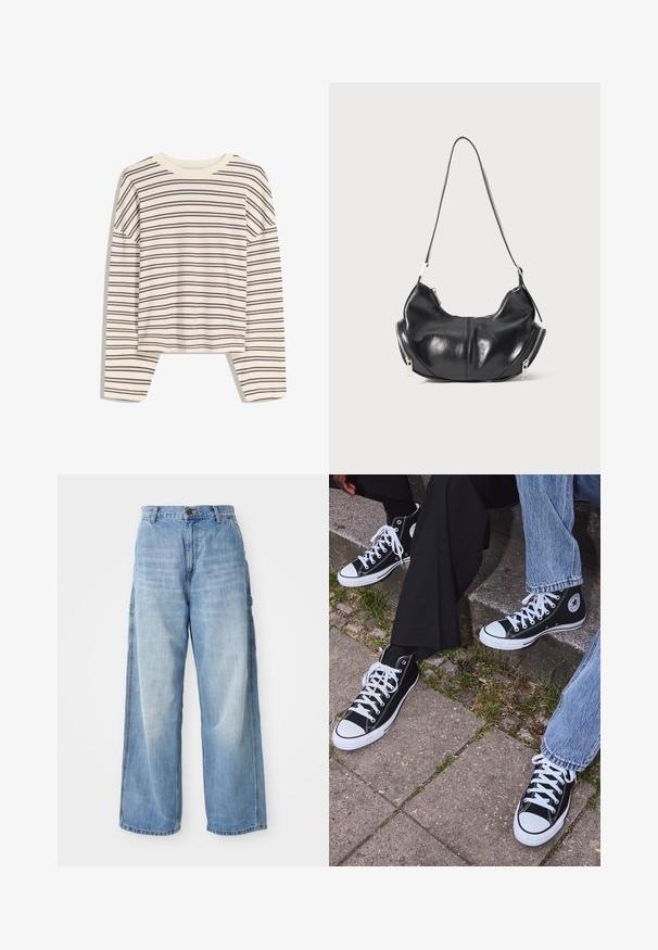 Šedý pletený kardigan s kulatým výstřihem, spadlými rameny, zapínáním na knoflíky a žebrovanými manžetami na rukávech a spodním lemu.; Krátký rukáv s kulatým výstřihem v krémové barvě s horizontálními vínovými pruhy, s uvolněným střihem a jemnou, hladkou texturou látky.; Světle modré široké džíny s vysokým pasem, s bočními kapsami a faded texturou, vyrobené z denimového materiálu.; Černé kanvasové tenisky s vysokým střihem, bílé gumové podrážky a tkaničky, s kulatým logem na boku a spárované s džíny a černými kalhotami.; Černá kožená taška ve tvaru půlměsíce s stříbrnými zipy po obou stranách a jedním popruhem.