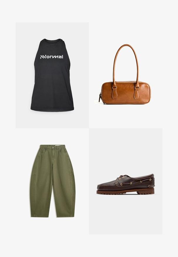 Cardigan grigio lavorato a maglia con scollo rotondo, spalle cadenti, chiusura con bottoni e polsini e orlo a coste.; Top sportivo nero in tessuto testurizzato. Presenta un collo alto e la scritta logo bianca "Normal" sul davanti. Design senza maniche.; Pantaloni a gamba larga verde oliva in cotone, con vita alta, tasche frontali e una superficie liscia. Senza decorazioni né motivi.; Scarpa da barca in pelle marrone con occhielli dorati, lacci tondi e una suola in gomma marrone texturizzata. Presenta dettagli cuciti e un logo in rilievo.; Borsa a tracolla in pelle marrone con due manici lunghi, forma rettangolare, texture liscia, chiusura con zip e dettagli in metallo color argento.
