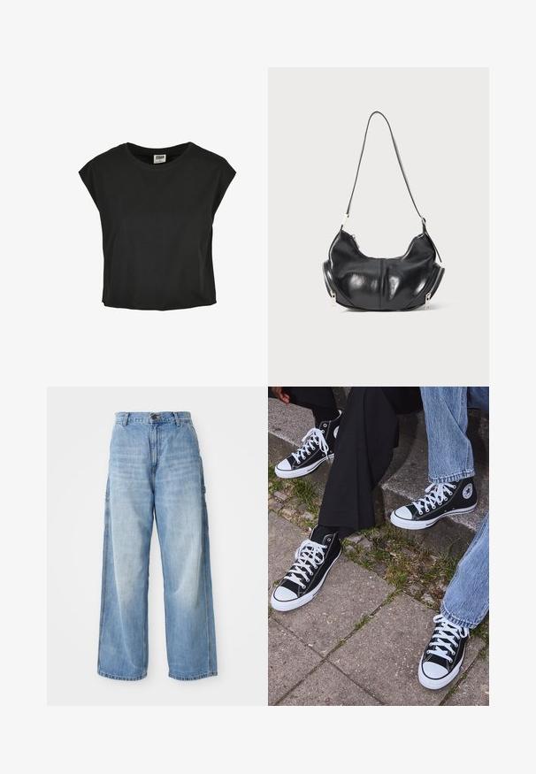 Graue gestrickte Strickjacke mit rundem Ausschnitt, überschnittenen Schultern, Knopfverschluss und gerippten Bündchen an Ärmeln und Saum.; Schwarzes Baumwoll-T-Shirt mit kurzen, überschnittenen Ärmeln, rundem Ausschnitt und lockerer Passform. Glatte Textur und cropped Länge.; Hellblaue weite Jeans mit hoher Taille, ausgestattet mit seitlichen Taschen und einer ausgeblichenen Textur, aus Denim-Material gefertigt.; Schwarzecanvas-Sneaker mit hohem Schaft, weißen Gummisohlen und Schnürsenkeln, die ein rundes Logo an der Seite besitzen und mit Denim- sowie schwarzen Hosen kombiniert sind.; Schwarze lederne, mondförmige Schultertasche mit silbernen Reißverschlüssen auf beiden Seiten und einem einzigen Trageriemen.
