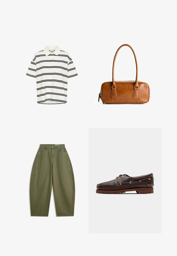 Grijze gebreide cardigan met een ronde halslijn, verlaagde schouders, knoopsluiting en geribbelde boorden aan de mouwen en zoom.; Witte polo met zwarte horizontale strepen, korte mouwen en een klassieke kraag. Twee knopen bij de sluiting en een rechte zoom aan de onderkant.; Olijfgroene wijde broek van katoen, met een hoge taille, voorzakken en een zachte textuur. Geen versieringen of patronen.; Bruine leren bootsschoen met gouden oogjes, ronde veters en een gestructureerde bruine rubberen zool. Kenmerkt zich door gestikte details en een verhoogd logo.; Bruine leren handtas met twee lange hengsels, rechthoekige vorm, gladde textuur, ritssluiting en accenten van zilverkleurig beslag.