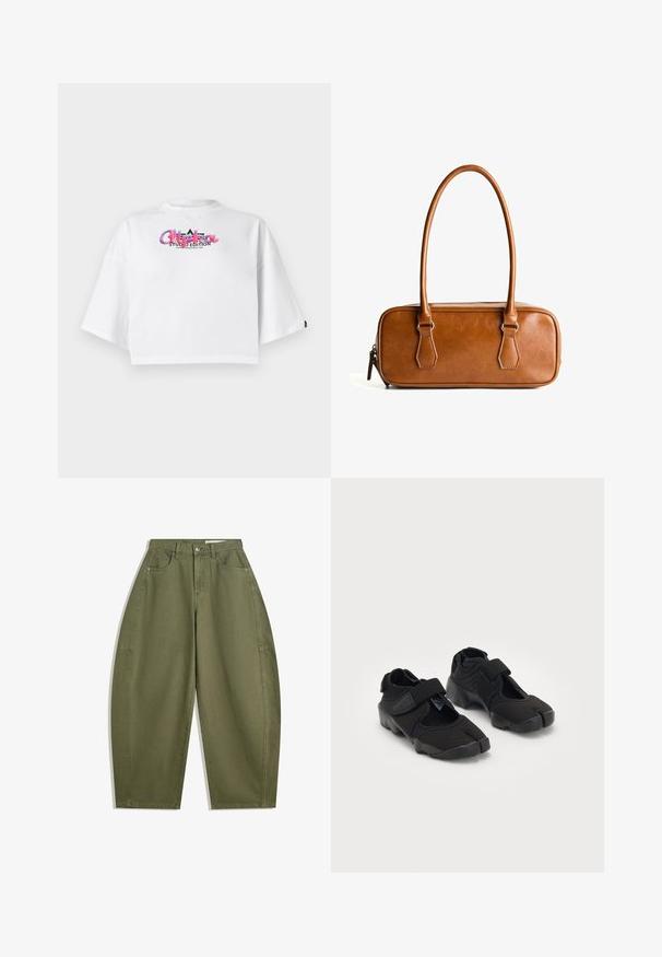 Šedý pletený kardigán s okrúhlym výstrihom, spustenými ramenami, zapínaním na gombíky a rebrovanými manžetami na rukávoch a spodnom okraji.; Biele skrátené tričko s širokými rukávmi a farebným logom "Alpha Studio Edition" na hrudi na jednolatom pozadí.; Olive zelené nohavice s širokými nohavicami vyrobené z bavlny, s vysokým pásom, prednými vreckami a hladkou textúrou. Bez ozdôb alebo vzorov.; Čierne vodné topánky vyrobené z flexibilného materiálu s suchým zipsom, ktoré majú jedinečný dizajn s rozdelenými prstami a textúrovanú gumovú podrážku pre lepšiu priľnavosť.; Hnedá kožená kabelka s dvoma dlhými rúčkami, obdĺžnikový tvar, hladký povrch, zips a akcenty v striebornom odtieni.