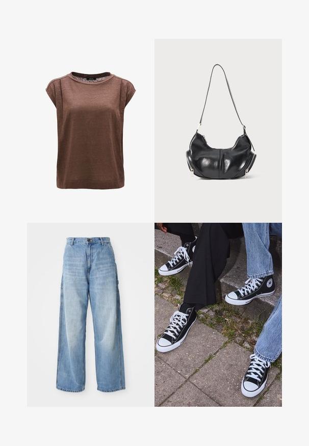 Gray knitted cardigan with a round neckline, dropped shoulders, button closure, and ribbed cuffs at the sleeves and hem.; Brown short-sleeve top, round neckline, relaxed fit, made from lightweight material, with side seams and no visible embellishments.; Light blue wide-leg jeans with a high waist, featuring side pockets and a faded texture, crafted from denim material.; Black high-top canvas sneakers with white rubber soles and laces, featuring a circular logo on the side and paired with denim and black pants.; Black leather crescent-shaped shoulder bag with silver zippers on both sides and a single strap.