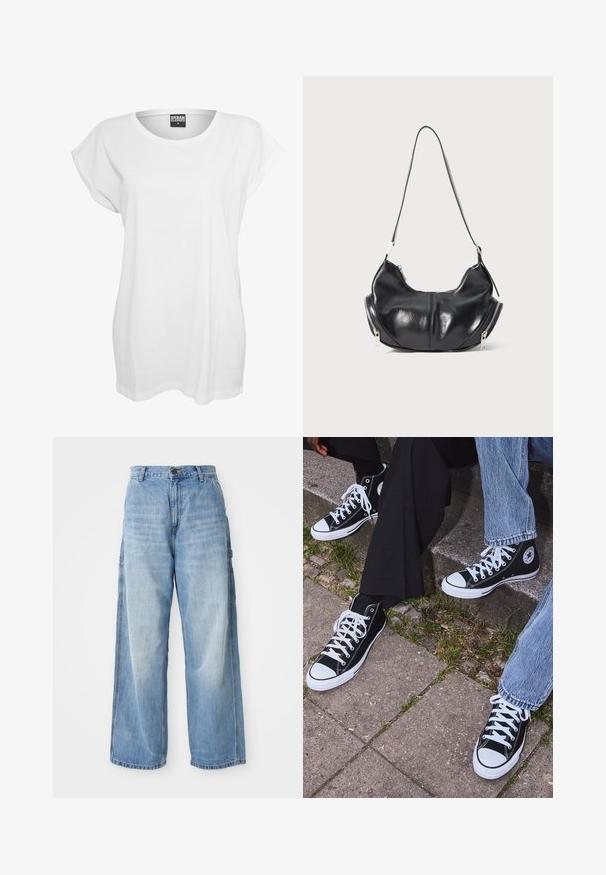 Grå strikket cardigan med rund halsudskæring, sænkede skuldre, knaplukning og ribstrikkede manchetter ved ærmerne og i kanten.; Hvid kortærmet t-shirt lavet af bomuld, med en afslappet pasform, bred halsudskæring og minimalistisk design uden mønstre eller accenter.; Lysblå vidde jeans med høj talje, der har sidelommer og en falmet struktur, lavet af denim materiale.; Sorte høje canvas sneakers med hvide gummisåler og snørebånd, prydet med et cirkulært logo på siden og parret med denim og sorte bukser.; Sorte læder skuldertaske i halvmåneform med sølvlynlåse på begge sider og en enkelt rem.