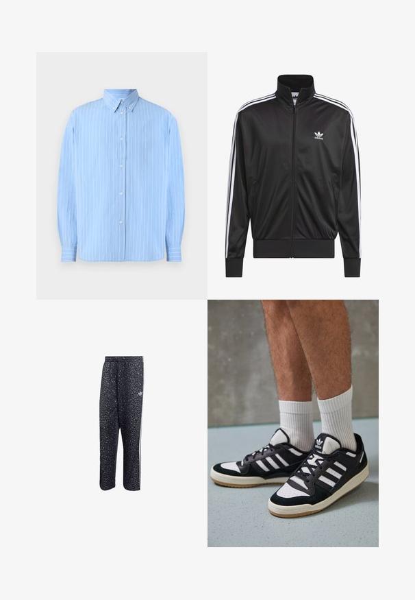Svart polyester zip-up jakke med høy krage, hvit tre-stripesdesign langs ermene, og liten hvit Adidas-logo på venstre bryst.; Lys blå skjorte med knapper laget av glatt stoff, med vertikale hvite striper, spiss krage og lange ermer med knapper i mansjettene.; Svarte treningsbukser med leopardmønster, har en hvit tre-stripesdesign og en logo fra et atletisk merke på siden.; Sorte og hvite sneakers med overdel i semsket skinn og lær, med tre hvite striper, perforert tå og en såle av gummi.