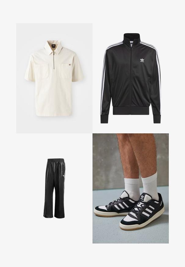 Fekete poliészter zipzáros dzseki magas gallérral, fehér háromsávos mintázattal az ujjak mentén, és kisméretű fehér Adidas logóval a bal mellrészen.; Rövid ujjú krémszínű pólóing, cipzáras gallérral, két mellzsebből és egy kis logóból a balzsebben áll. Pamut keverék anyag.; Fekete szintetikus tréningnadrág elasztikus derékkal, fehér oldalcsíkokkal és egy kis fehér logóval a bal csípőn.; Fekete-fehér tornacipők velúr és bőr felsőrésszel, három fehér csíkkal, perforált orral és gumi talppal.