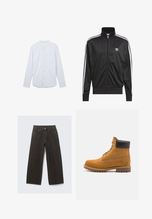 Czarna kurtka polarowa z zamkiem błyskawicznym i wysokim kołnierzem, biała trójpasowa linia wzdłuż rękawów oraz małe białe logo Adidas na lewej piersi.; Jasnoniebieska koszula z długim rękawem, z kołnierzykiem mandaryński, z zapięciem na guziki z przodu oraz jedną kieszenią na lewej piersi. Wykonana z teksturowanej tkaniny.; Szerokie czarne dżinsy z wysokim stanem, pięcioma kieszeniami i zapięciem na guzik. Materiał ma miękkie, teksturowane wykończenie.; Beżowe zamszowe botki sięgające kostki z czarną wyściełaną krawędzią, złotymi oczkami, białymi detalami szycia oraz wytrzymałą gumową podeszwą z wyraźnym bieżnikiem.