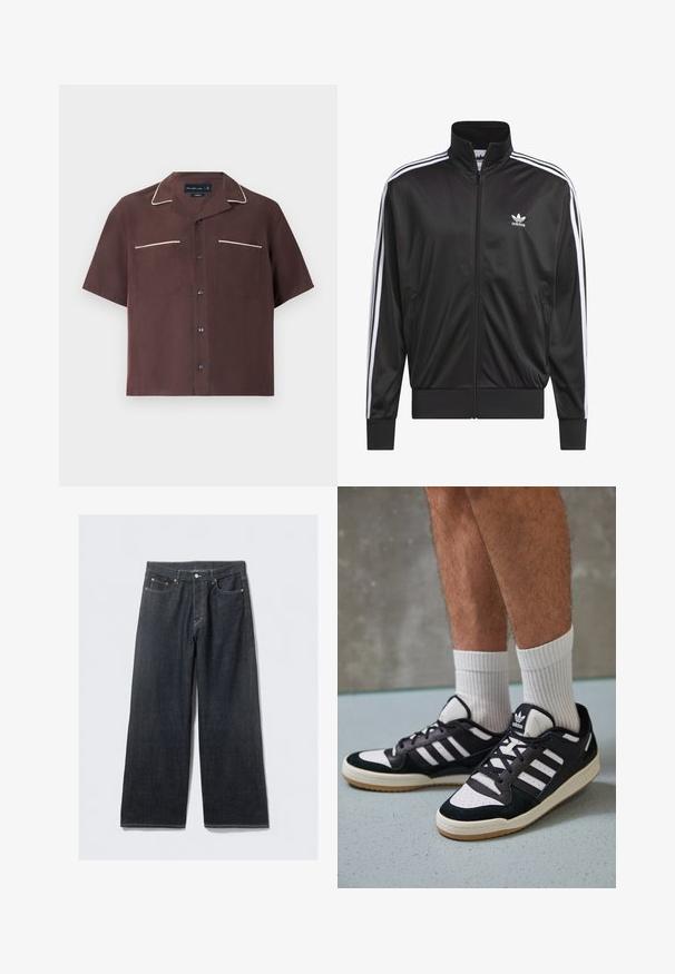 Črna poliestrska jakna s kapuco na zadrgo in visokim ovratnikom, z belim dizajnom treh črt po rokavih in majhnim belim logotipom Adidas na levem prsnem delu.; Srajca s kratkimi rokavi rjave barve iz gladkega blaga z belim obrobljanjem ob ovratniku in žepih, ki ima dva žepa na prsih in črne gumbe.; Temno modre široke jeans hlače z višjim pasom, opremljene s polkrožnimi zakovami v bakreni barvi in kontrastnim šivom, gladke teksture in brez vidnih vzorcev.; Črno-bele superge z zgornjim delom iz usnja in nubuka, ki imajo tri bele črte, perforiran vrh prstov in podplat iz gume.