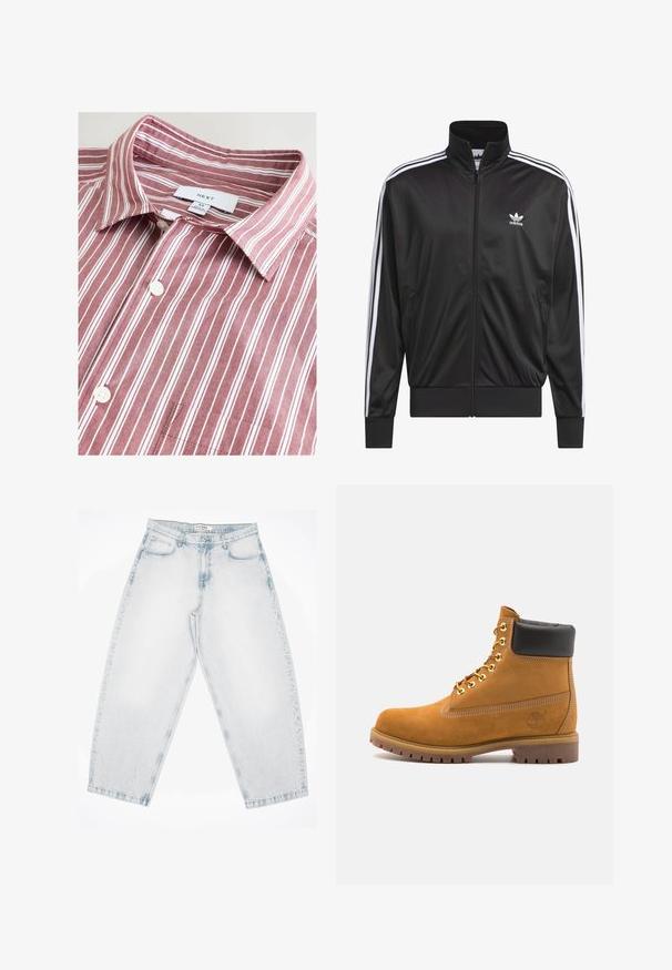 Black polyester zip-up jacket with high collar, white three-stripe design along sleeves, and small white Adidas logo on left chest.; Maroon and white striped collared shirt, cotton material, featuring a button closure, chest pocket, and a brand label on the collar.; Light blue denim jeans with a loose, baggy fit. Features five pockets, button closure, and stitched detailing. Faded texture and straight legs.; Tan suede ankle boot with black padded collar, gold metal eyelets, white stitching detailing, and rugged rubber sole with pronounced treads.