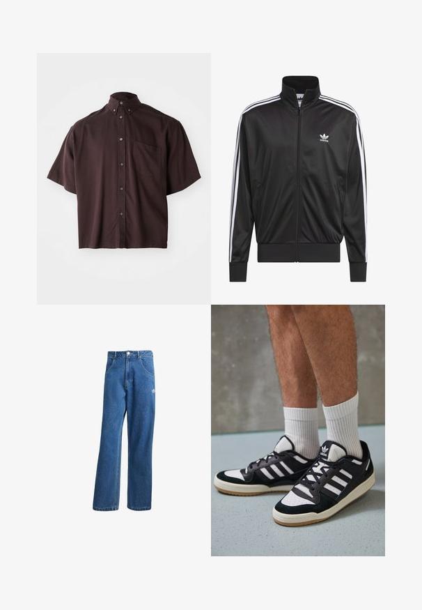 Črna poliestrska jakna s kapuco na zadrgo in visokim ovratnikom, z belim dizajnom treh črt po rokavih in majhnim belim logotipom Adidas na levem prsnem delu.; Krátkosežna, s kragnico, majica v globoki burgundni barvi. Ima gumbe po sprednji strani in eno prsno žep. Gladek material z udobnim krojem.; Modre visoko pasu široke denim kavbojke z sprednjimi žepi, zankami za pas, gumbom za zapiranje in majhnim logotipom Adidas na desni stegno.; Črno-bele superge z zgornjim delom iz usnja in nubuka, ki imajo tri bele črte, perforiran vrh prstov in podplat iz gume.