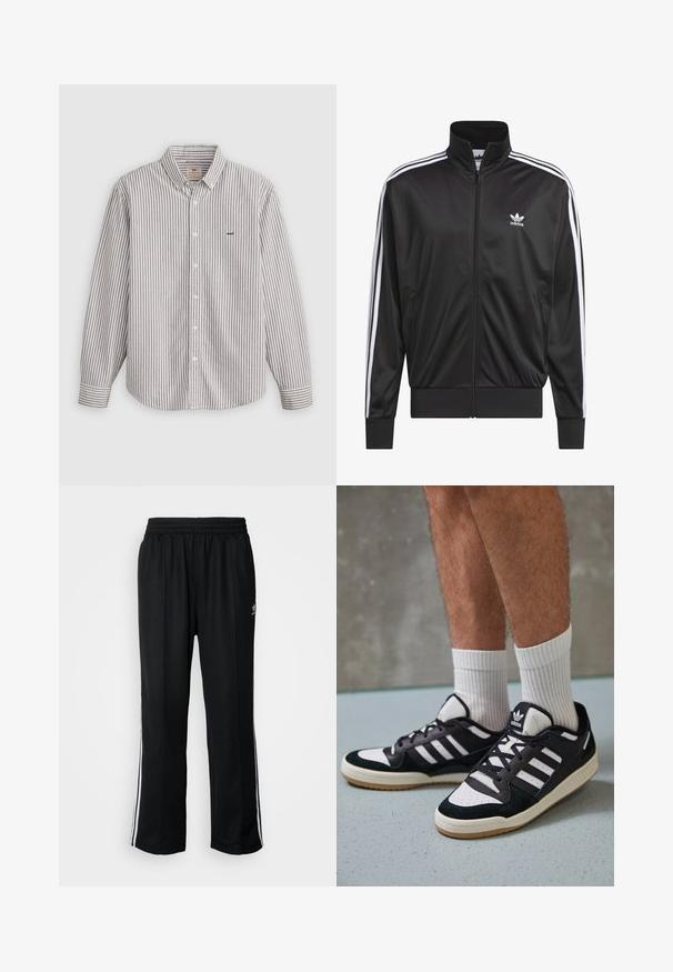 Čierna polyesterová bunda na zips s vysokým golierom, biely trojprúžkový dizajn pozdĺž rukávov a malé biele logo Adidas na ľavej hrudi.; Pruhovaná košeľa s dlhým rukávom v svetlo sivej a bielej farbe, vyrobená z bavlny, s golierom na gombíky, ktorý má na hrudi vyšívané logo.; Čierne športové nohavice s elastickým pásom, s bielymi bočnými prúžkami a malým logom. Materiál vyzerá byť mäkký a ľahký.; Čierno-biele tenisky s vrchom z semišu a kože, s troma bielymi pruhmi, perforovanou špičkou a gumovou podrážkou.