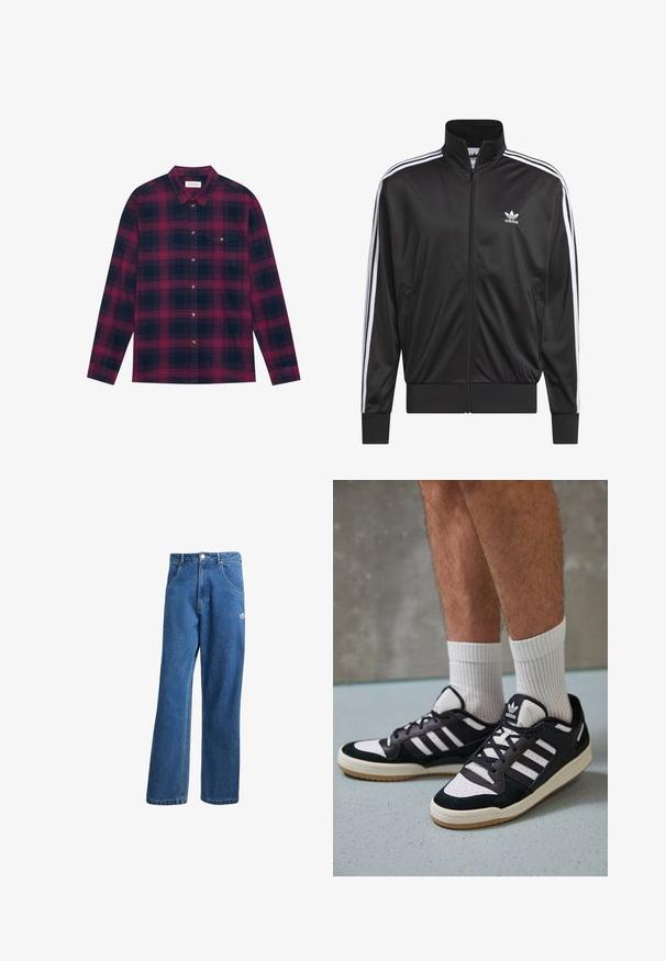 Black polyester zip-up jacket with high collar, white three-stripe design along sleeves, and small white Adidas logo on left chest.; Long-sleeve plaid shirt in dark blue and burgundy, featuring a button-down collar, chest pocket, and gold-tone buttons. Soft fabric texture.; Blue high-waist wide-leg denim jeans with front pockets, belt loops, button closure, and small Adidas logo on the right thigh.; Black and white sneakers with a suede and leather upper, featuring three white stripes, a perforated toe, and a gum rubber sole.