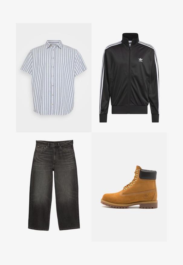 Jachetă neagră din poliester, cu fermoar, guler înalt, design cu trei dungi albe pe mâneci și mici logo-uri albe Adidas pe pieptul stâng.; Cămașă cu mânecă scurtă, albă, cu dungi verticale albastre. Dispune de un guler clasic și nasturi din lemn pe față.; Tricou alb, ajustat pe corp, din bumbac. Gât rotund, mâneci scurte, textură netedă. Etichetă mică de logo negru la margine. Design simplu.; Jeans negri cu croi larg, din denim, cu buzunare frontale, bucle pentru curea și închidere cu buton, prezentând o ușoară decolorare și efect de whiskering.; Cizmă de gleznă din întoarsă de culoare bej, cu guler negru căptușit, ochiuri din metal auriu, detalii de cusătură albă și talpă din cauciuc robustă, cu un model pronunțat.