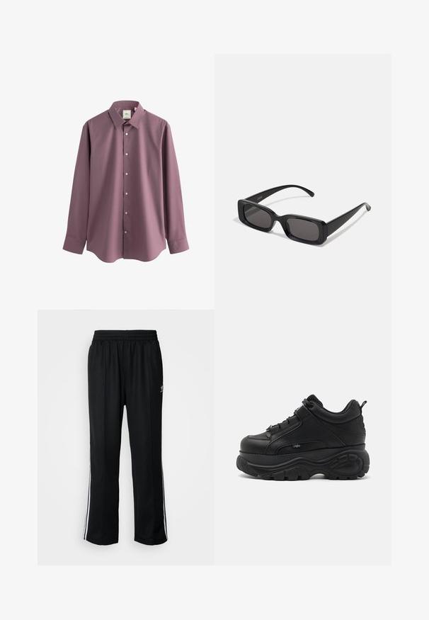 Schwarze Polyester-Jacke mit Reißverschluss und hohem Kragen, weißem Dreistreifen-Design an den Ärmeln und kleinem weißen Adidas-Logo auf der linken Brust.; Next REGULAR FIT SINGLE CUFF - Businesshemd - mauve pink; Schwarze Sporthosen mit elastischem Bund, ausgestattet mit weißen Seitenstreifen und einem kleinen Logo. Das Material wirkt weich und leicht.; Schwarze Leder-Chucksneaker mit dicker Gummisohle, schlankem Design und strukturierten Akzenten. Verfügt über Schnürsenkel und eine Zuglasche an der Ferse.; Schwarze rechteckige Sonnenbrille mit dunklen Gläsern, glänzender Oberfläche, breiten Bügeln und einem klobigen Rahmen-Design. Gravierter Markenname auf einem Bügel.