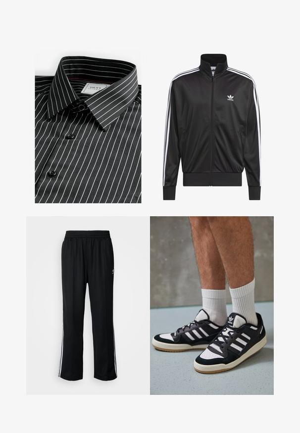 Giacca nera in poliestere con zip e collo alto, design a tre strisce bianche lungo le maniche e piccolo logo Adidas bianco sul lato sinistro del petto.; Next REGULAR FIT WITH FINISH - Camicia - black white stripe; Pantaloni da allenamento neri con elastico in vita, dotati di bande laterali bianche e un piccolo logo. Il materiale sembra morbido e leggero.; Sneaker bianco e nero con tomaia in suede e pelle, caratterizzati da tre strisce bianche, punta perforata e suola in gomma naturale.
