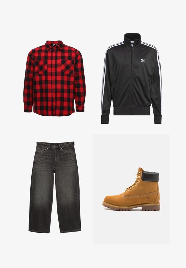 Černá polyesterová bunda na zip s vysokým límcem, bílý design tří pruhů podél rukávů a malé bílé logo Adidas na levé hrudi.; Červeno-černá kostkovaná košile s dlouhým rukávem, která má límec na knoflíky, dvě náprsní kapsy a rovný spodní lem. Vyrobena z bavlněné tkaniny.; Bílá tričko s těsným střihem vyrobené z bavlny. Kolečkový výstřih, krátké rukávy, hladká textura. Malá černá visačka s logem na lemu. Jednoduchý design.; Černé široké džíny s předními kapsami, poutky na opasek a zapínáním na knoflíček, vykazující jemné vyblednutí a škrábance.; Hnědé semišové kotníkové boty s černým polstrovaným límcem, zlatými kovovými očky, bílým prošíváním a odolnou gumovou podrážkou s výraznými drážkami.