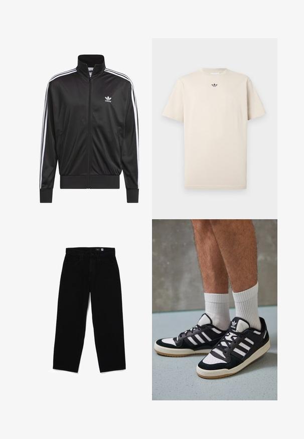 Giacca nera in poliestere con zip e collo alto, design a tre strisce bianche lungo le maniche e piccolo logo Adidas bianco sul lato sinistro del petto.; T-shirt in cotone beige con collo tondo, maniche corte e un piccolo logo scuro sul petto. Texture liscia e vestibilità casual.; Jeans dritti in denim nero con chiusura a bottone, cinque tasche e una texture liscia. Etichetta visibile all'interno della cintura che mostra la taglia 32.; Sneaker bianco e nero con tomaia in suede e pelle, caratterizzati da tre strisce bianche, punta perforata e suola in gomma naturale.