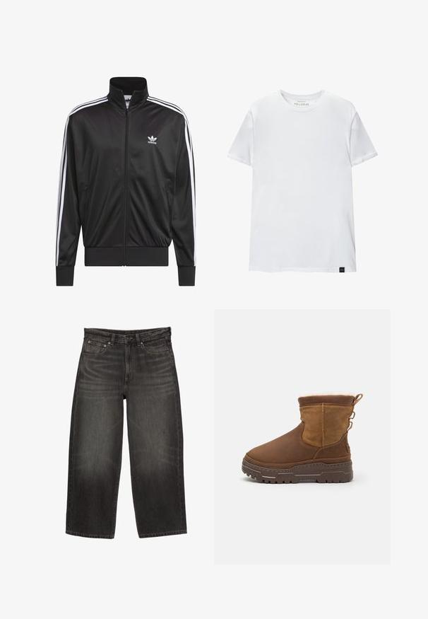 Czarna kurtka polarowa z zamkiem błyskawicznym i wysokim kołnierzem, biała trójpasowa linia wzdłuż rękawów oraz małe białe logo Adidas na lewej piersi.; Biała koszulka dopasowana z bawełny. Okrągły dekolt, krótkie rękawy, gładka faktura. Mała czarna metka z logo na dole. Prosty design.; Czarne dżinsowe spodnie z szerokimi nogawkami, z przednimi kieszeniami, szlufkami na pasek oraz zapięciem na guziki, z delikatnym wyblaknięciem i przetarciami.; Brązowe zamszowe botki za kostkę z puszystym futrzanym wykończeniem, solidną gumową podeszwą i dekoracyjnymi bocznymi pętelkami ułatwiającymi zakładanie. Teksturowane wykończenie cholewki.