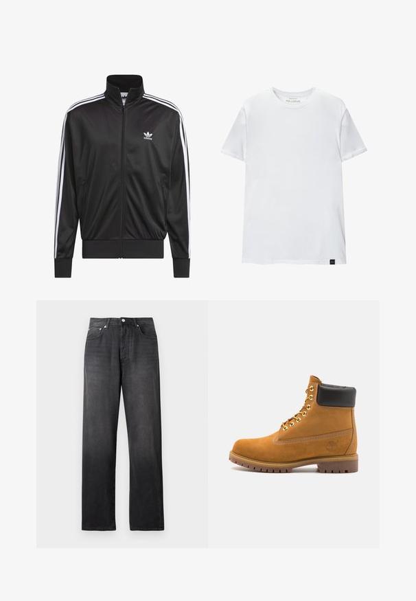 Sort polyester zip-jakke med høj krave, hvid tre-stribe design langs ærmerne og lille hvid Adidas-logo på venstre bryst.; Hvid muskeltilpasset t-shirt lavet af bomuld. Rund hals, korte ærmer, glat tekstur. Lille sort logo-tag nederst. Enkelt design.; Sorte, højtaljede straight-leg jeans med frontknap og lynlås, to forlommer og diskrete falmede detaljer.; Tan nubuck ankelstøvle med sort polstret krave, gyldne metaløjer, hvid syning detaljer og robust gummisål med udtalte slidbaner.
