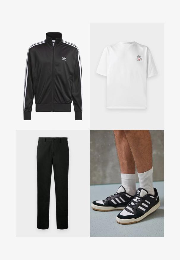 Fekete poliészter zipzáros dzseki magas gallérral, fehér háromsávos mintázattal az ujjak mentén, és kisméretű fehér Adidas logóval a bal mellrészen.; Fehér pamut póló rövid ujjal, melyen egy kis rózsaszín és fekete kávéscsésze grafika található a bal mellek részen.; Fekete egyenes szabású nadrág gombos és cipzáras záródással, övhurkokkal és sima, egyszínű anyaggal.; Fekete-fehér tornacipők velúr és bőr felsőrésszel, három fehér csíkkal, perforált orral és gumi talppal.