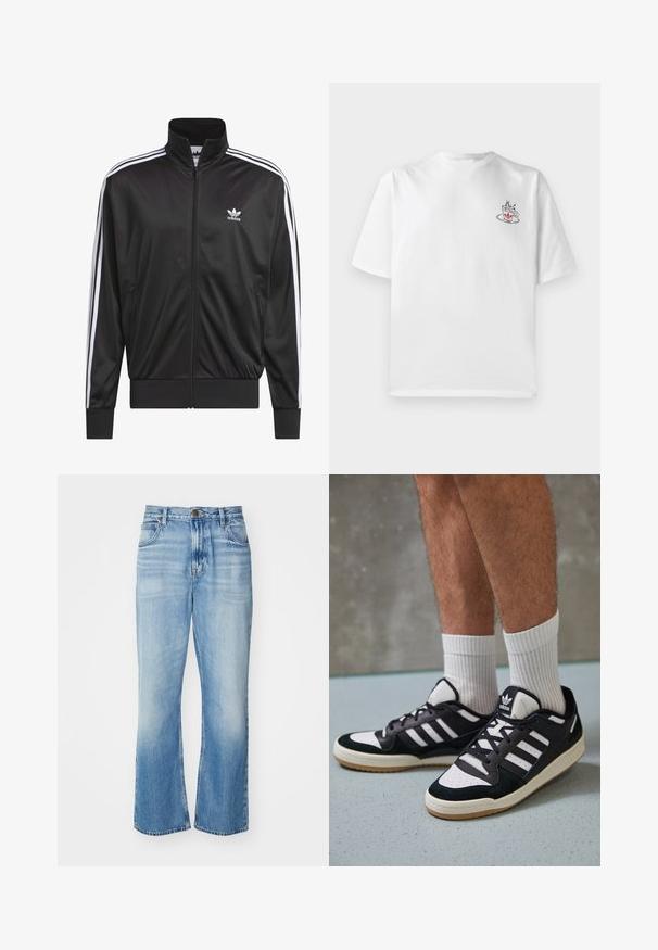 Veste zippée en polyester noir avec col montant, design à trois rayures blanches le long des manches et petit logo Adidas blanc sur la poitrine gauche.; T-shirt en coton blanc à manches courtes, avec un petit graphique de tasse à café rose et noir sur le côté gauche de la poitrine.; Jean en denim bleu clair évasé avec une taille haute, finition délavée, cinq poches et couture contrastante. Fermeture classique par bouton et zip.; Baskets noir et blanc avec une tige en suède et cuir, comportant trois rayures blanches, un bout perforé et une semelle en caoutchouc gum.