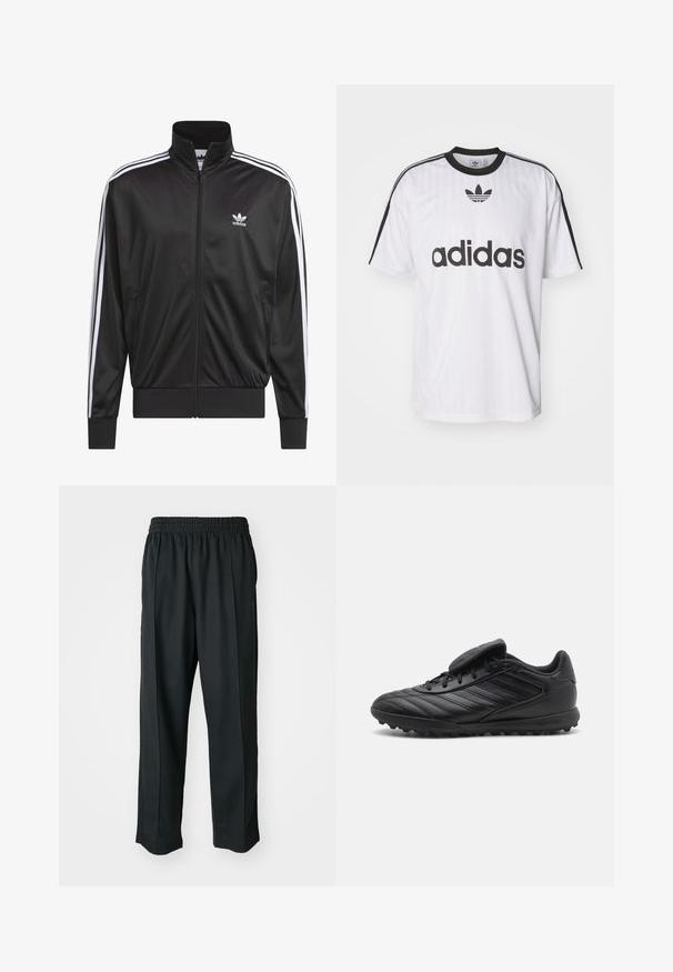 Juodas poliesterinis užtrauktukas su aukštu apykakle, baltos trijų juostelių dizainas palei rankoves ir mažas baltas Adidas logotipas kairiajame krūtinės pusėje.; Balta Adidas marškinėliai su juodais akcentais, apvalia iškirpte ir dideliu juodu logotipu priekyje. Trumpi rankoviai su juodomis juostelėmis. Tekstūruota medžiaga.; Juodi sportiniai kelnių modeliai su elastinga juosmena, pagaminti iš šiurkščios medžiagos, su subtiliomis šoninėmis siūlėmis ir laisva, tiesia koja.; Juodi sintetiniai futbolo bateliai su tekstūruotu paviršiumi, turintys raištelių uždarymą, paminkštintą liežuvėlį ir guminį kulniuką su Pise, užtikrinančiu patikimą sukibimą.