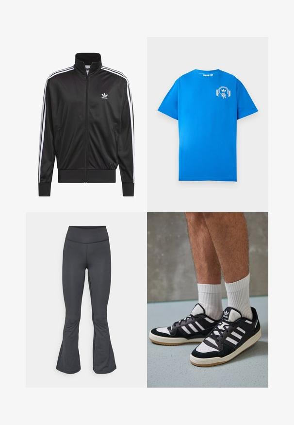 Melnas poliestera zip-up jaka ar augstu apkakli, baltu triju svītru dizainu gar piedurknēm un mazliet baltu Adidas logo kreisajā krūtī.; Zila kokvilnas T-krekls ar īsām piedurknēm. Priekšpusē ir balts grafiskais dizains, kurā attēlots varonis ar austiņām un arku.; Pelēki legingi ar paplašinātu apakšpusi, izgatavoti no gluda, elastīga materiāla, ar augstu vidukli un bezšuvju konstrukciju.; Melnas un baltas kedas ar zamša un ādas augšdaļu, kas aprīkotas ar trim baltām svītrām, perforētu purngali un gumijas zolēm.