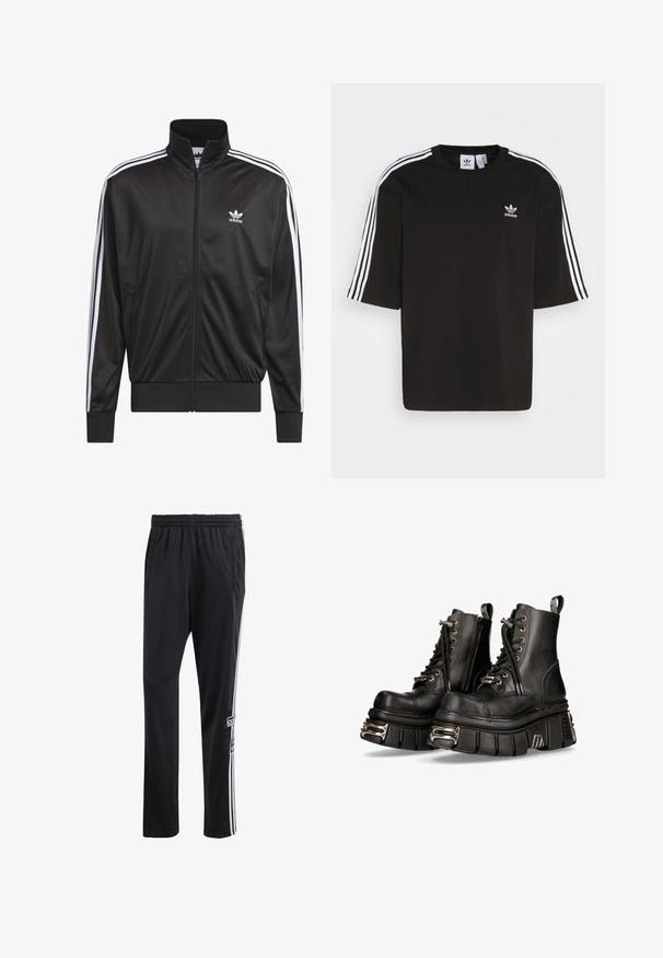 Schwarze Polyester-Jacke mit Reißverschluss und hohem Kragen, weißem Dreistreifen-Design an den Ärmeln und kleinem weißen Adidas-Logo auf der linken Brust.; Schwarzes Kurzarm-T-Shirt aus Baumwolle, mit weißen drei Streifen an den Schultern und einem gestickten Adidas-Logo auf der Brust.; adidas Originals ADIBREAK - Jogginghose - black; Schwarze Leder Stiefeletten mit dicken Plateausohlen, Schnürung vorne, seitlichem Reißverschluss und metallischen Akzenten an der Sohle. Glatte Oberfläche und robustes Design.