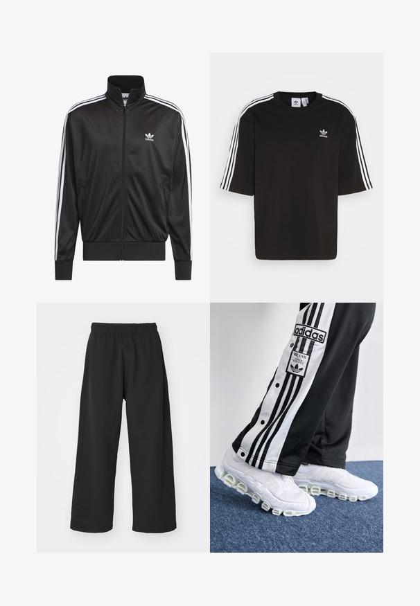 Jaqueta preta em poliéster com fecho, gola alta, design de três riscas brancas nas mangas e pequeno logótipo Adidas branco no lado esquerdo do peito.; T-shirt preta de manga curta em algodão, com detalhes brancos de três riscas nos ombros e um logo bordado da Adidas no peito.; adidas Originals Calças de fato de treino - black; Calças de treino Adidas em preto e branco com três riscas e botões de pressão, combinadas com ténis brancos com uma sola grossa e tubular.
