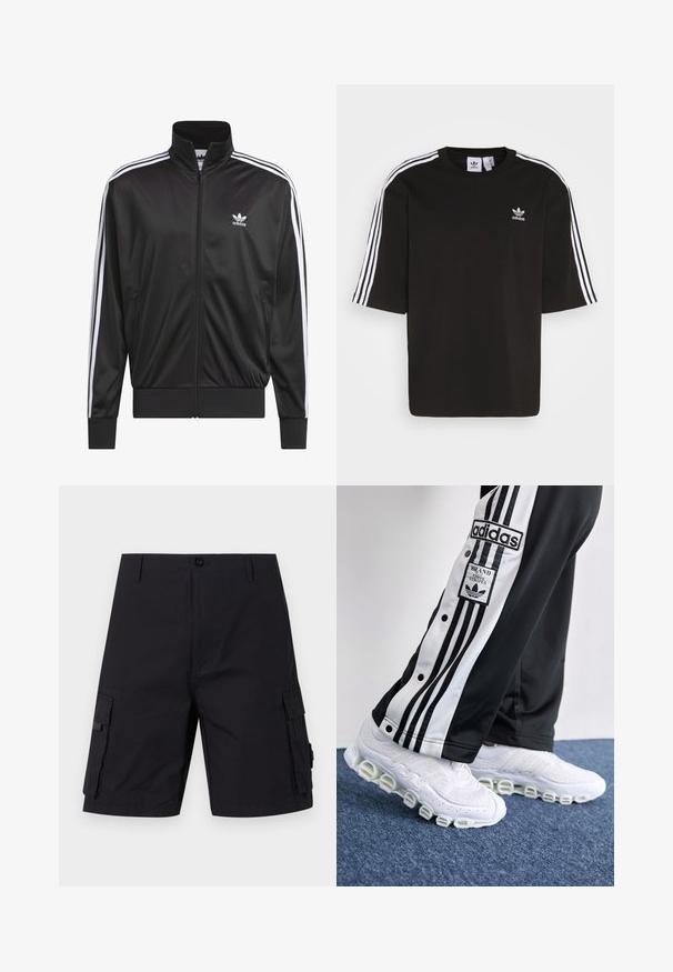 Jachetă neagră din poliester, cu fermoar, guler înalt, design cu trei dungi albe pe mâneci și mici logo-uri albe Adidas pe pieptul stâng.; Tricou scurt cu mâneci negre din bumbac, având accente albe cu trei dungi pe umeri și un logo brodat Adidas pe piept.; Pantaloni scurți cargo negri cu o croială dreaptă, fabricați dintr-un material durabil. Au două buzunare laterale și închidere cu buton.; Pantaloni de trening Adidas în alb și negru cu trei dungi și butoane prin presare, asociați cu adidași albi cu o talpă groasă și tubulară.