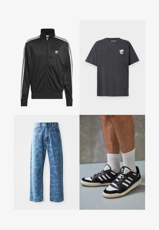 Jachetă neagră din poliester, cu fermoar, guler înalt, design cu trei dungi albe pe mâneci și mici logo-uri albe Adidas pe pieptul stâng.; Tricou din bumbac gri cu guler rotund și mâneci scurte. Pe față se află un logo Adidas floral roz. Croială lejeră, fără modele sau embellishments.; Blugi din denim de un albastru deschis, cu un model floral tonal subtil, croi larg, design cu cinci buzunare și închidere cu nasture la talie.; Adidași negri și albi cu un superior din suede și piele, prevăzuți cu trei dungi albe, un vârf perforat și o talpă din cauciuc caramel.
