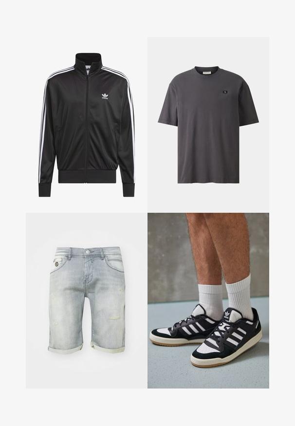 Juodas poliesterinis užtrauktukas su aukštu apykakle, baltos trijų juostelių dizainas palei rankoves ir mažas baltas Adidas logotipas kairiajame krūtinės pusėje.; Tamsiai pilkas medvilnės marškinėliai su apvaliu iškirpimu, trumpomis rankovėmis ir maža juoda logotipo etikete priekyje kairėje pusėje. Lygus paviršius ir laisvas fasonas.; Šviesiai mėlynos džinsinės šortai su išblukusia skalbimo technologija, su sukurtomis apvyniotomis kelnių apačiomis, priekinėmis kišenėmis ir dėvėti suknemų detalių ant šlaunų. Užsegimas mygtuku liemenyje.; Juodos ir baltos sportinės bateliai su zomšiniu ir odiniu viršumi, su trimis baltomis juostelėmis, perforuota koja ir guminėmis padais.