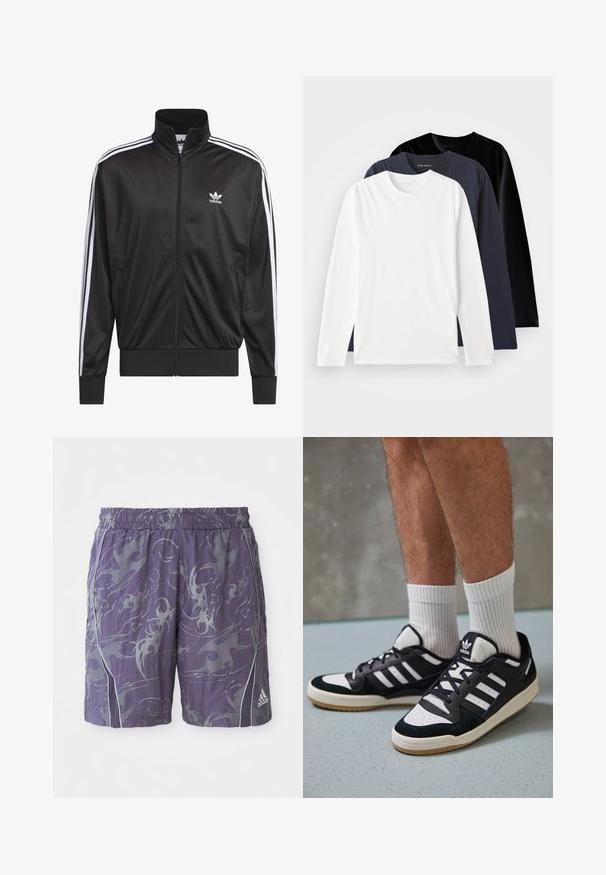 Juodas poliesterinis užtrauktukas su aukštu apykakle, baltos trijų juostelių dizainas palei rankoves ir mažas baltas Adidas logotipas kairiajame krūtinės pusėje.; Trys ilgomis rankovėmis marškiniai, sukrauti vienas ant kito: vienas baltas, vienas tamsiai mėlynas ir vienas juodas. Pagaminti iš lygaus medvilnės, turi apvalius kaklus ir šoninius plyšius.; Violet sportinės šortai su abstrakčiais sidabriniais raštais, elastinga juostos, šoninėmis juostelėmis ir „Adidas“ logotipu apatiniame dešiniajame šlaunyje.; Juodos ir baltos sportinės bateliai su zomšiniu ir odiniu viršumi, su trimis baltomis juostelėmis, perforuota koja ir guminėmis padais.