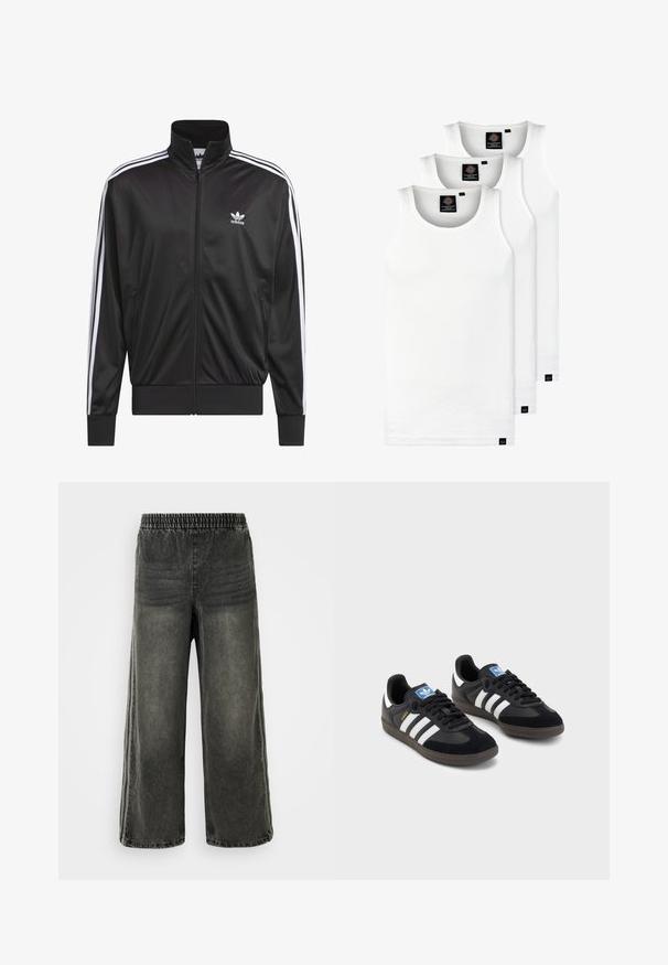 Μαύρο τζάκετ από πολυεστέρα με φερμουάρ και ψηλό γιακά, λευκή τριπλή ρίγα κατά μήκος των μανικιών και μικρό λευκό λογότυπο Adidas στο αριστερό στήθος.; Τρία λευκά ριμπ μπλουζάκια από βαμβάκι. Διαθέτουν στρογγυλή λαιμόκοψη και μικρές μαύρες ετικέτες κοντά στο στρίφωμα. Διαθέσιμα σε πολλές μεγεθύνσεις.; Μαύρα τζιν παντελόνια με ελαστική μέση και φαρδιά πόδια, που διαθέτουν διακριτικές κάθετες ραφές στα πλάγια.; Μαύρα αθλητικά παπούτσια με επάνω μέρος από σουέτ και συνθετικό υλικό, με τρεις λευκές ρίγες, υφασμάτινη σόλα από καουτσούκ και μπλε ταυτότητα λογότυπου στη γλώσσα.
