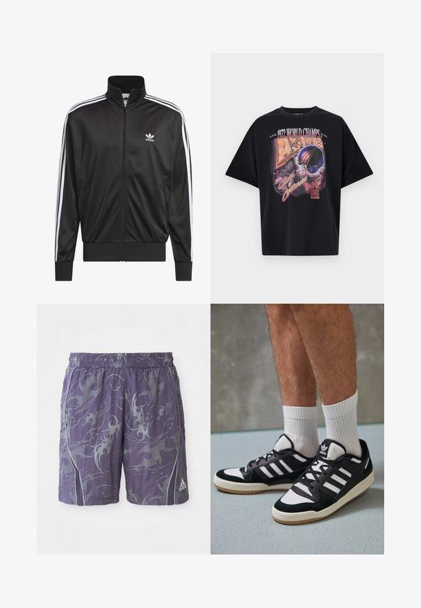 Juodas poliesterinis užtrauktukas su aukštu apykakle, baltos trijų juostelių dizainas palei rankoves ir mažas baltas Adidas logotipas kairiajame krūtinės pusėje.; Juodas medvilnės marškinėliai su grafinio atspaudu "1972 PASAULIO ČEMPIONAI," šalmą atvaizdu ir "Amžinų Konfliktų Dvikova," ryškiose spalvose.; Violet sportinės šortai su abstrakčiais sidabriniais raštais, elastinga juostos, šoninėmis juostelėmis ir „Adidas“ logotipu apatiniame dešiniajame šlaunyje.; Juodos ir baltos sportinės bateliai su zomšiniu ir odiniu viršumi, su trimis baltomis juostelėmis, perforuota koja ir guminėmis padais.