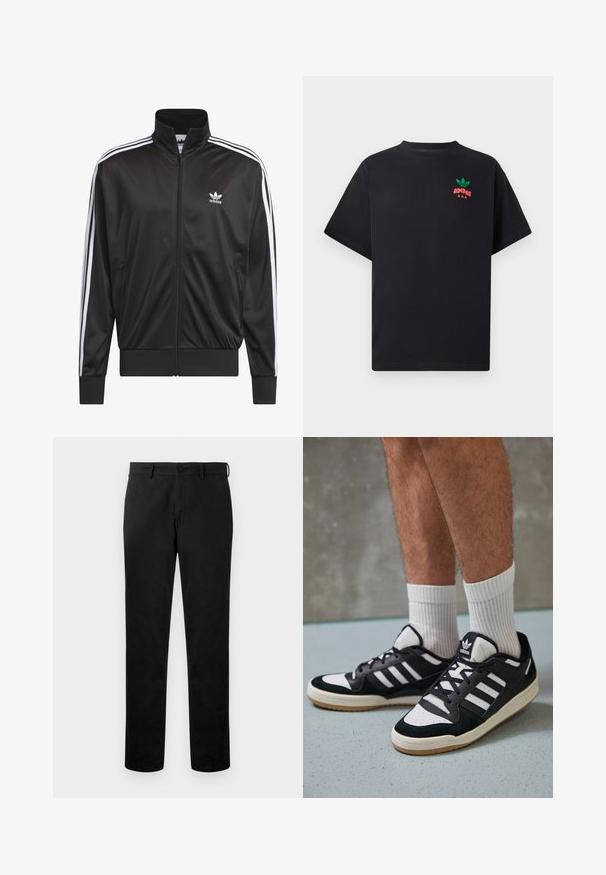 Mustad polüestrist tõmbluku jack, millel on kõrge krae, valge kolmest triibust koosnev disain varrukatel ja väike valge Adidas'i logo vasakul rinnal.; Must mustri t-särk lühikeste varrukatega, millel on rinnal roheline ja punane Adidas logo disain. Lihtne, lõdva lõikega.; Mustad sirgedabroksid nupuga ja tõmblukuga, vöökohaga ja siledast, ühtlasest kangast viimistlusega.; Mustvalged ja valged spordijalatsid, mille pealmine osa on valmistatud suede'ist ja nahast. Kingadel on kolm valget riba, auguline varvas ja kummist tald.