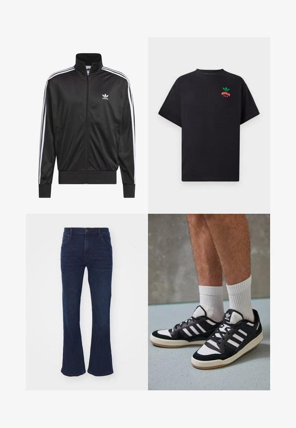 Jaqueta preta em poliéster com fecho, gola alta, design de três riscas brancas nas mangas e pequeno logótipo Adidas branco no lado esquerdo do peito.; T-shirt de algodão preta com mangas curtas, apresentando um design do logótipo da Adidas em verde e vermelho no peito. Ajuste simples e relaxado.; Jeans de ganga azul escuro com pernas ligeiramente alargadas, fecho frontal por botão e bolsos frontais e traseiros.; Ténis em preto e branco com upper em camurça e couro, apresentando três riscas brancas, um toe perfurado e uma sola em borracha de goma.
