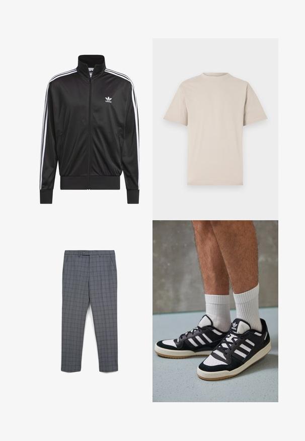 Veste zippée en polyester noir avec col montant, design à trois rayures blanches le long des manches et petit logo Adidas blanc sur la poitrine gauche.; T-shirt beige à manches courtes, col rond, en tissu coton lisse, avec une coupe décontractée et sans motifs ni embellissements visibles.; Pantalons à carreaux gris avec une coupe légèrement ajustée, présentant une taille plate, des passants de ceinture, des poches latérales et une texture de tissu lisse.; Baskets noir et blanc avec une tige en suède et cuir, comportant trois rayures blanches, un bout perforé et une semelle en caoutchouc gum.