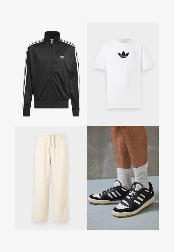 Sort polyester zip-jakke med høj krave, hvid tre-stribe design langs ærmerne og lille hvid Adidas-logo på venstre bryst.; Hvid bomulds T-shirt med et sort Adidas-logo i midten. Korte ærmer og rund halsudskæring. Glat tekstur.; Linnedragt i off-white med brede ben, med en elastisk talje og bindebånd. Glat tekstur og fuld længde.; Sorte og hvide sneakers med en overdel i ruskind og læder, der har tre hvide striber, en perforeret tå og en sål i gummigummi.