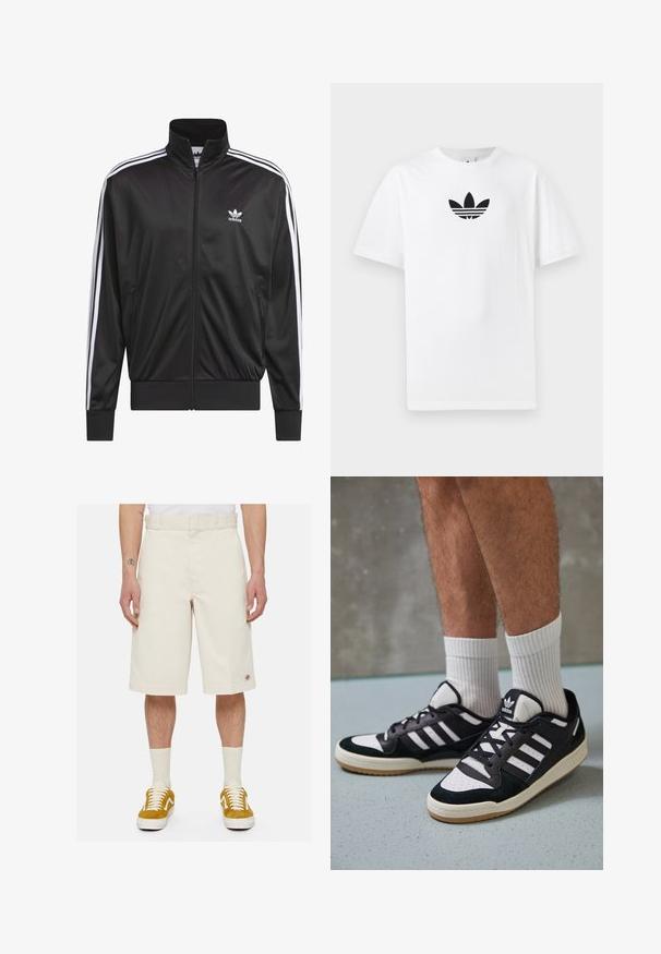 Juodas poliesterinis užtrauktukas su aukštu apykakle, baltos trijų juostelių dizainas palei rankoves ir mažas baltas Adidas logotipas kairiajame krūtinės pusėje.; Baltas medvilnės marškinėliai su juodu Adidas logo centre. Trumpomis rankovėmis ir apvalia kaklo iškirpte. Lygus audinys.; Bežiniai medvilniniai šortai su tiesiu pjaustymu, plokščiu priekiu ir šoninėmis kišenėmis. Ant apatinio krašto yra mažas logotipo užklijuotas ženkliukas. Dėvimi su geltonais sportbačiais.; Juodos ir baltos sportinės bateliai su zomšiniu ir odiniu viršumi, su trimis baltomis juostelėmis, perforuota koja ir guminėmis padais.