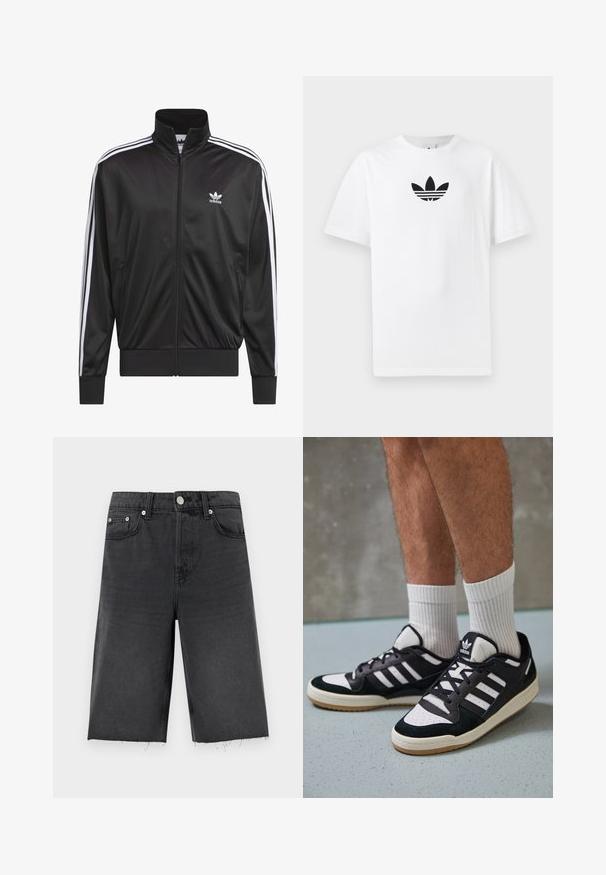 Chaqueta negra de poliéster con cremallera y alto cuello, diseño de tres rayas blancas a lo largo de las mangas y pequeño logo blanco de Adidas en el lado izquierdo del pecho.; Camiseta de algodón blanca con un logo negro de Adidas en el centro. Diseño de manga corta y cuello redondo. Textura suave.; Pantalones cortos de mezclilla negra con un corte recto, que presentan un dobladillo ligeramente deshilachado, trabillas para cinturón, cinco bolsillos y botones en tono plateado.; Zapatillas en blanco y negro con parte superior de ante y cuero, que presentan tres franjas blancas, una puntera perforada y una suela de goma.