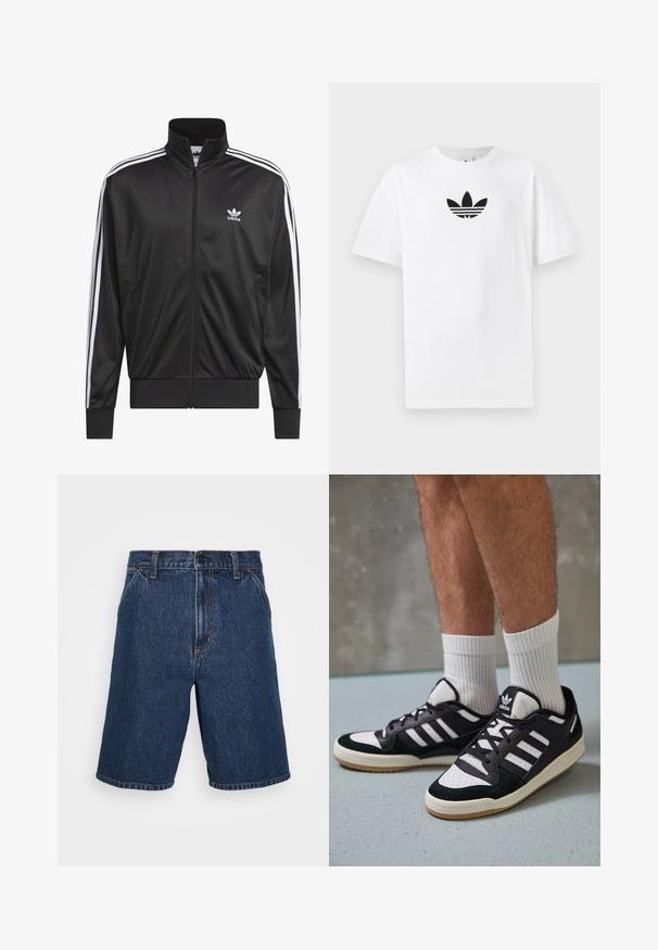 Crna poliester jakna s patentnim zatvaračem i visokim ovratnikom, bijeli dizajn s tri pruge duž rukava i mali bijeli Adidas logo na lijevoj strani prsnog koša.; Bijela pamučna majica s crnim Adidas logom u centru. Kratki rukavi i dizajn s okruglim izrezom. Glatka tekstura.; Tamne traperice u tamnoplavoj boji s ravnim krojem. Imaju žute šavove i klasični dizajn s pet džepova. Redovni pojas i obrubljene ivice.; Crne i bijele tenisice s gornjim dijelom od antilopa i kože, s tri bijele pruge, perforiranim prstom i gumiranim potplatom.