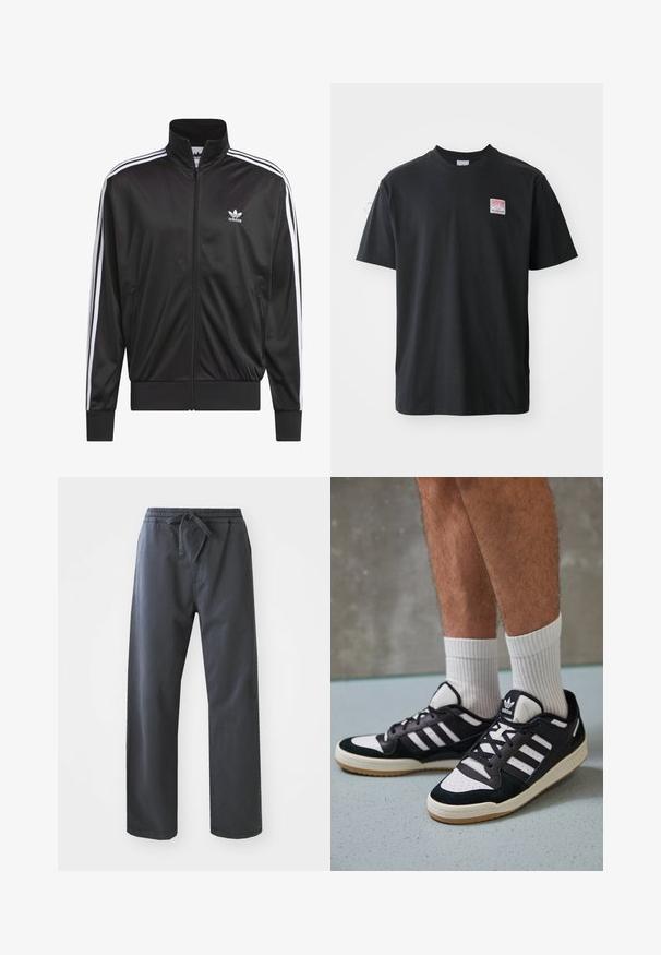 Sort polyester zip-jakke med høj krave, hvid tre-stribe design langs ærmerne og lille hvid Adidas-logo på venstre bryst.; Sort bomuld t-shirt med rund hals, korte ærmer og et lille farvet mærke på venstre bryst med ordet "SUPERIOR."; Sort, elastiske bukser med taljeelastik og snøre, der har et lige ben-design og en glat tekstur. Ingen synlige lommer eller mønstre.; Sorte og hvide sneakers med en overdel i ruskind og læder, der har tre hvide striber, en perforeret tå og en sål i gummigummi.