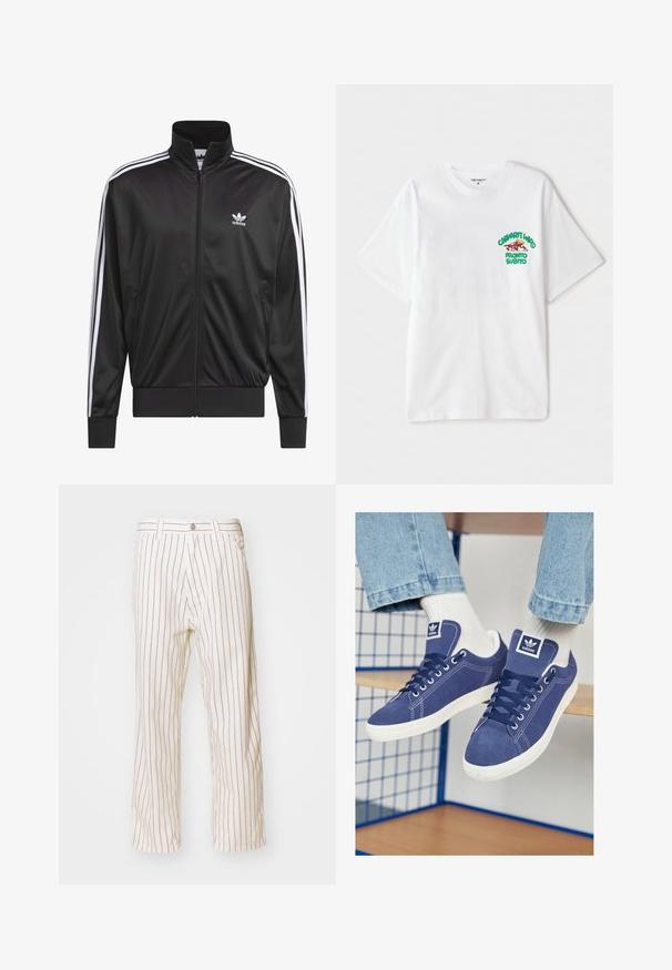 Zwarte polyester zip-up jas met hoge kraag, witte drie-strepen ontwerp langs de mouwen en klein wit Adidas-logo op de linkerbovenborst.; Witte katoenen t-shirt met een groen en rood grafisch tekst op de linkerborst met de tekst "cashart Who Pronto Subito." Korte mouwen.; Beige gestreepte broek met een relaxte pasvorm, voorzien van verticale bronzen strepen, een sluiting met knoop aan de voorkant en zijzakken.; Marineblauwe Adidas-sneakers van suède, met witte rubberen zolen, ronde neuzen en een logopatch op de tong. Helderwitte sokken zichtbaar.