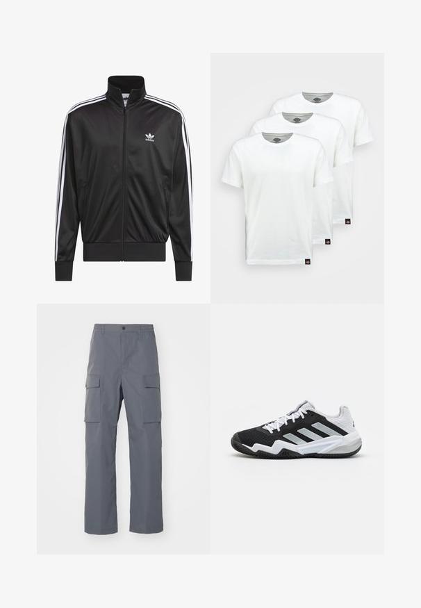 Crna poliester jakna s patentnim zatvaračem i visokim ovratnikom, bijeli dizajn s tri pruge duž rukava i mali bijeli Adidas logo na lijevoj strani prsnog koša.; Tri obične bijele pamučne majice kratkih rukava. Svaka majica ima okrugli izrez i malu crnu oznaku s logom sa lijeve strane.; Sive cargo hlače napravljene od izdržljivog materijala. Karakteristike uključuju elastičnu pojasnicu, dva velika bočna džepa i ravni kroj.; Crno-bijele atletske cipele s teksturiranim mrežastim gornjim dijelom, gumenenim potplatom i tri srebrne naglašene pruge sa strane.