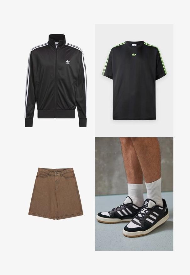 Czarna kurtka polarowa z zamkiem błyskawicznym i wysokim kołnierzem, biała trójpasowa linia wzdłuż rękawów oraz małe białe logo Adidas na lewej piersi.; Czarna koszulka z gładkiego materiału z okrągłym dekoltem, z trzema zielonymi paskami na ramionach i małym zielonym logo na piersi.; Brązowe dżinsowe szorty o prostym kroju, z dużymi bocznymi kieszeniami, detal z logo na pasku i kontrastowe przeszycia wzdłuż szwów.; Czarno-białe sneakersy z zamszową i skórzaną cholewką, z trzema białymi paskami, perforowanym czubkiem i gumową podeszwą w kolorze gumy.
