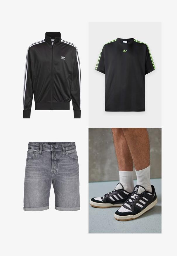 Juodas poliesterinis užtrauktukas su aukštu apykakle, baltos trijų juostelių dizainas palei rankoves ir mažas baltas Adidas logotipas kairiajame krūtinės pusėje.; Juodas marškinėliai, pagaminti iš lygios medžiagos, su apykakle, turinčia tris žalias juosteles ant pečių ir mažą žalią logotipą ant krūtinės.; Pilki džinsiniai šortai su šiek tiek nusidėvėjusiu įvaizdžiu, turintys susuktą apatinę dalį, penkių kišenių dizainą ir mygtuko užsegimą. Žymė: JACK & JONES.; Juodos ir baltos sportinės bateliai su zomšiniu ir odiniu viršumi, su trimis baltomis juostelėmis, perforuota koja ir guminėmis padais.
