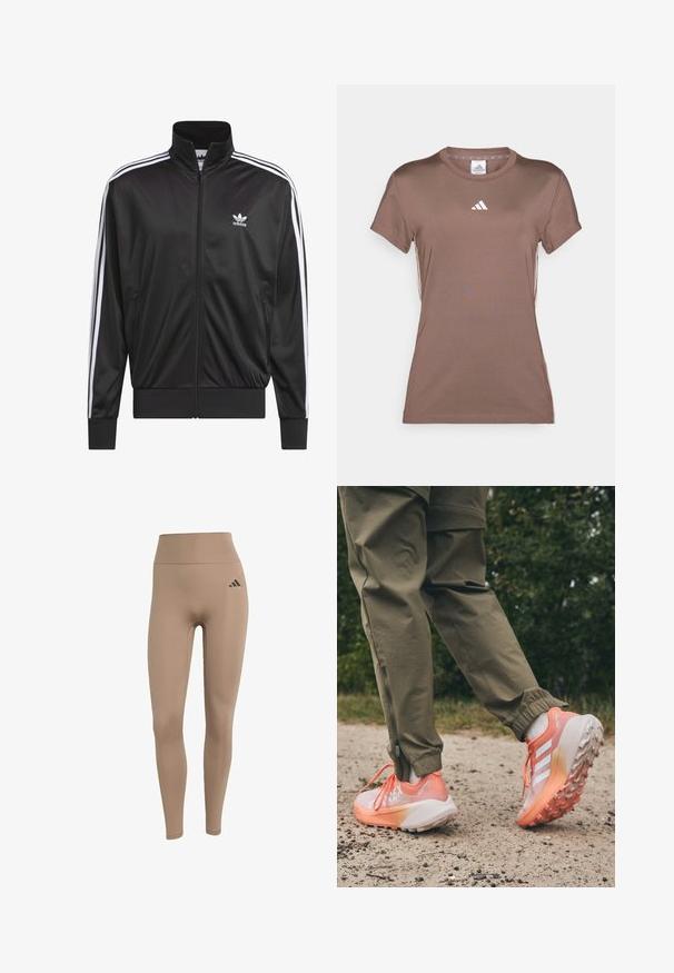 Veste zippée en polyester noir avec col montant, design à trois rayures blanches le long des manches et petit logo Adidas blanc sur la poitrine gauche.; adidas Performance T-shirt de sport - earth strata/white; Leggings beiges taille haute en tissu extensible, avec une silhouette ajustée et un accent logo noir sur la hanche gauche.; Baskets avec un design dégradé, principalement en rose et blanc, présentant des semelles texturées et des lacets contrastants, portées avec un pantalon vert olive.