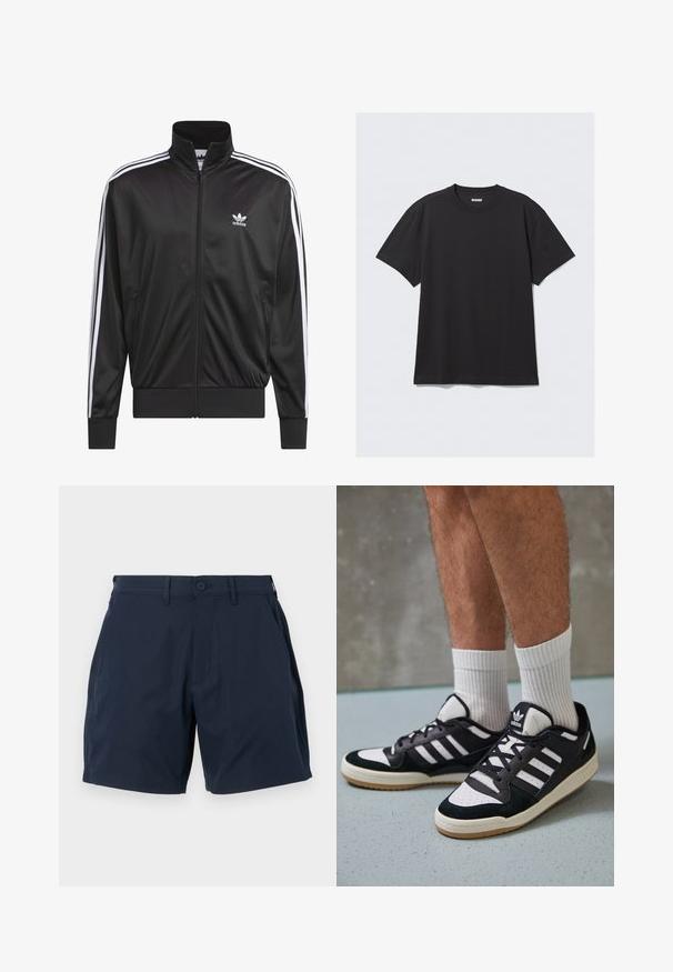 Črna poliestrska jakna s kapuco na zadrgo in visokim ovratnikom, z belim dizajnom treh črt po rokavih in majhnim belim logotipom Adidas na levem prsnem delu.; Crna majica s kratkimi rokavi iz bombaža. Ima okroglo ovratnik in sproščen kroj. Preprost dizajn brez vzorcev ali poudarkov.; Temno modri kratki hlače iz gladkega, lahkega blaga. Imajo zaponko na gumb in stranske žepke, zasnova je krojena in ima raven kroj.; Črno-bele superge z zgornjim delom iz usnja in nubuka, ki imajo tri bele črte, perforiran vrh prstov in podplat iz gume.