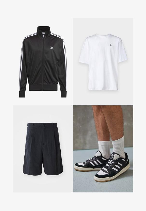 Giacca nera in poliestere con zip e collo alto, design a tre strisce bianche lungo le maniche e piccolo logo Adidas bianco sul lato sinistro del petto.; T-shirt bianco in cotone con collo rotondo e maniche corte, con un piccolo logo Adidas nero sul petto.; Weekday LOOSE SUIT - Shorts - black; Sneaker bianco e nero con tomaia in suede e pelle, caratterizzati da tre strisce bianche, punta perforata e suola in gomma naturale.