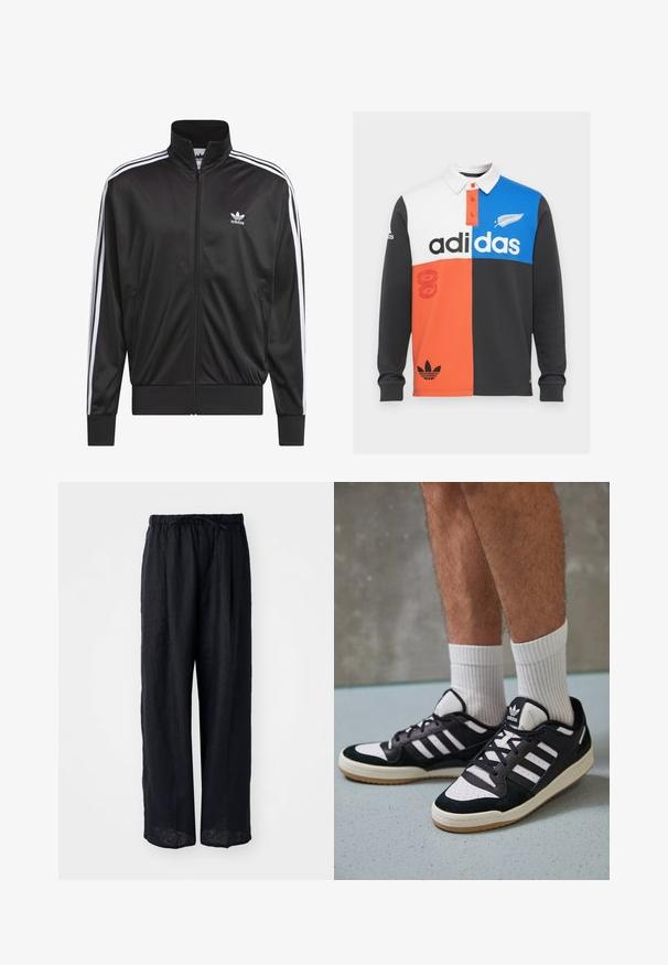 Černá polyesterová bunda na zip s vysokým límcem, bílý design tří pruhů podél rukávů a malé bílé logo Adidas na levé hrudi.; Polo tričko s dlouhým rukávem v barevném bloku v černé, bílé, oranžové a modré barvě, s límečkem, knoflíkovou légou a výrazným brandingem Adidas.; Černé lněné široké kalhoty s páskem na stažení a uvolněným střihem. Hladká textura, žádné viditelné vzory ani detaily hardwaru.; Černobílé tenisky s vrchní částí z semišové a kožené kůže, včetně tří bílých pruhů, perforovaného špičky a podrážky z gumy.